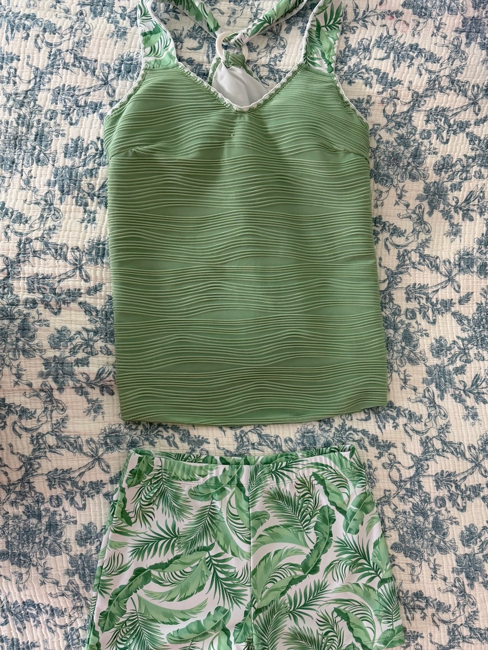 Women’s Green Ribbed Tankini Top and Tropical Print Shorts Set